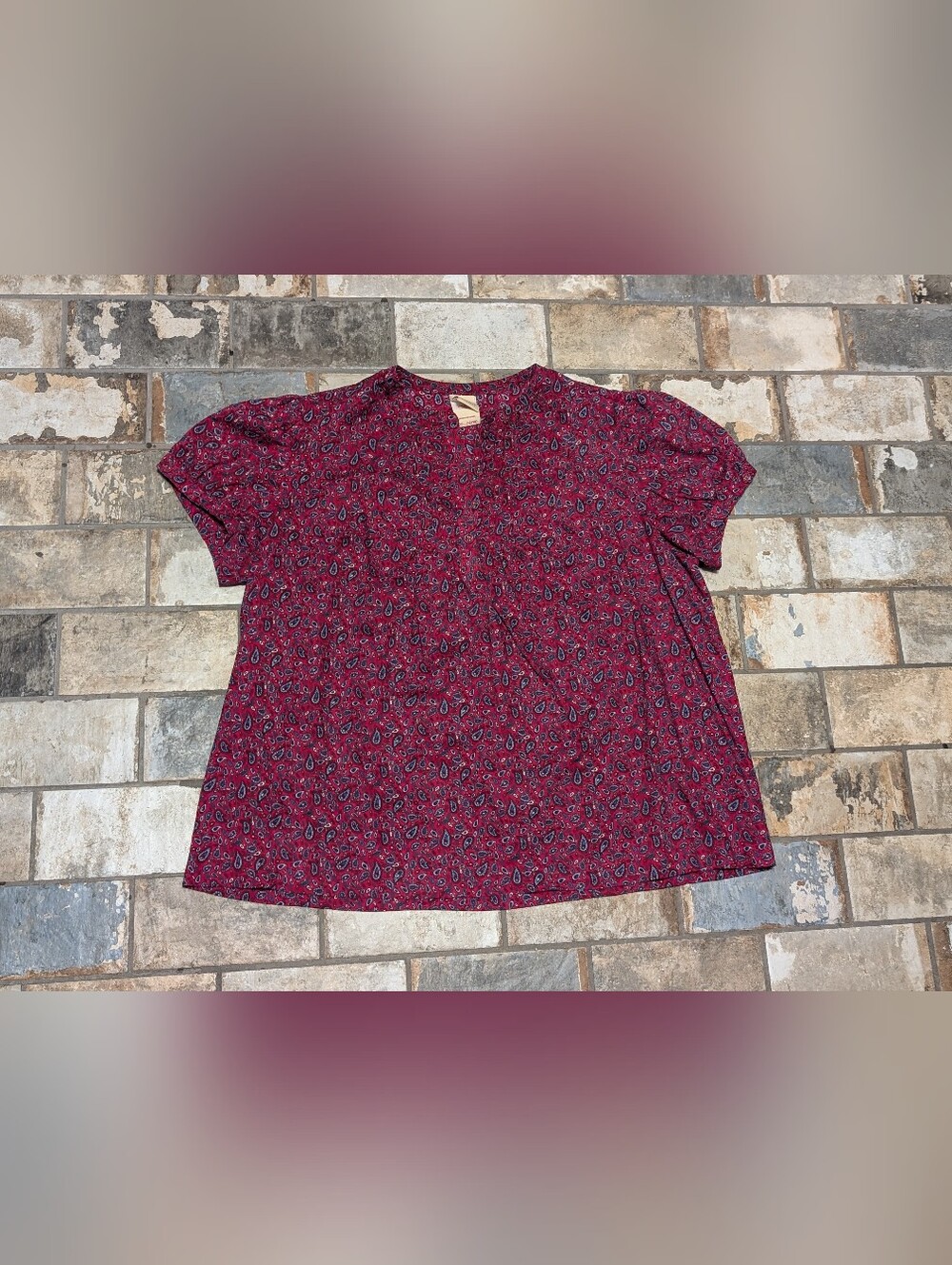 Vintage Faded Glory Red Paisley 100% Cotton Pintuck Peasant Blouse - Women's XL